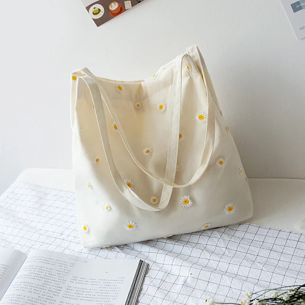 Canvas liten axelväska Handväska Söt shoppingväska för kvinnor Shopper Kvinnliga tjejer Miljöåteranvändbara hopfällbara väskor White