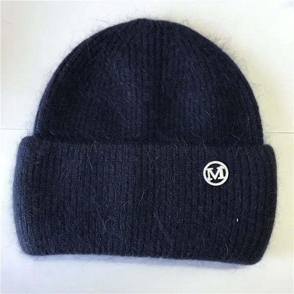 Uspop Nya Dammössor Vinter Tjocka Varma Stickade Mössor Enfärgad Bokstav M Mjukt Hår Skullies Beanies Navy Blue elastic 53-59 cm