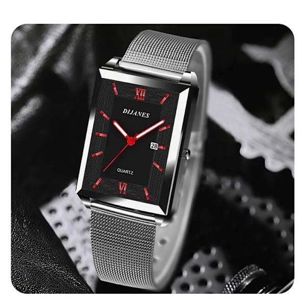 Lyx Watch Toppmärke Mode Kvarts Armbandsur Silver Hel Kedja i rostfritt stål Armband + Verktyg Business Watch Herr Reloj Mesh-Silver