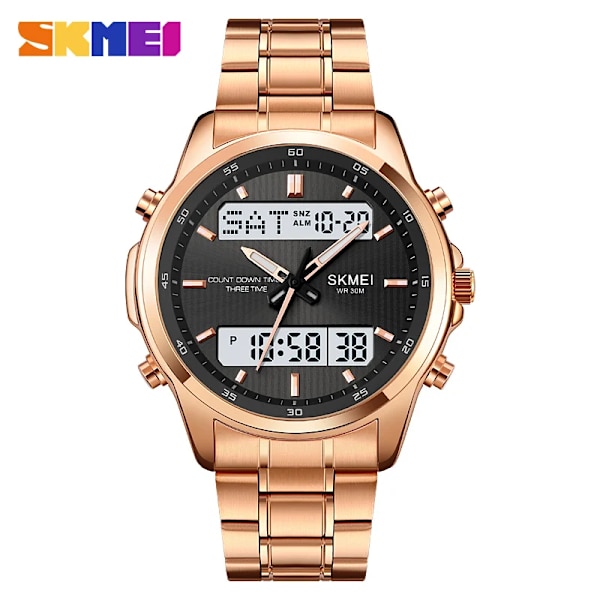 SKMEI klockor för män Business Rostfritt stål Lysande Vattentät Dual Display Manklocka Digitala klockor Relogio Masculino Rose Gold White