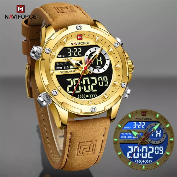 NAVIFORCE Lyxmärke Originalklockor För Herr Casual Kronograf Alarm Quartz Watch Läder Vattentät Klocka 9163 GGNGN BOX