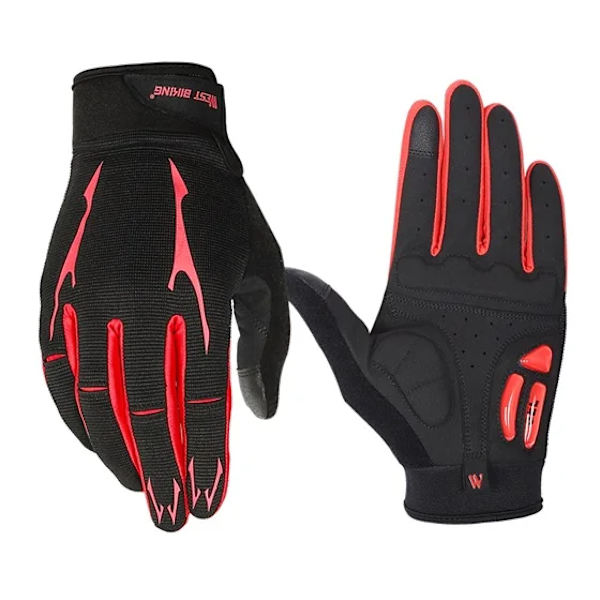 WEST BIKING Cykelhandskar med andningsförmåga GEL Flytande Silikon Palm Halkfri Sport Full Finger Cykelhandske Half Finger Bike Handskar Red Full Finger XL