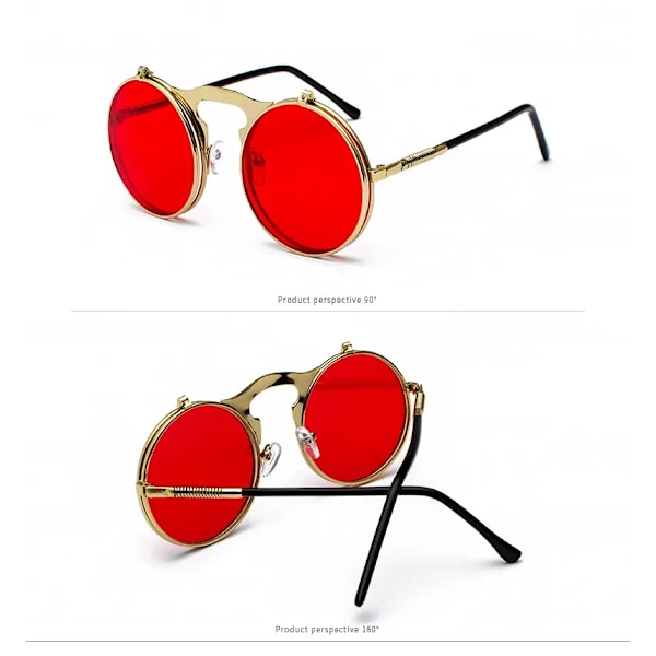 Solglasögon för män och kvinnor UV-skydd Anti-bländning Mode Retro Steampunk Runda metallsolglasögon GoldRed Black
