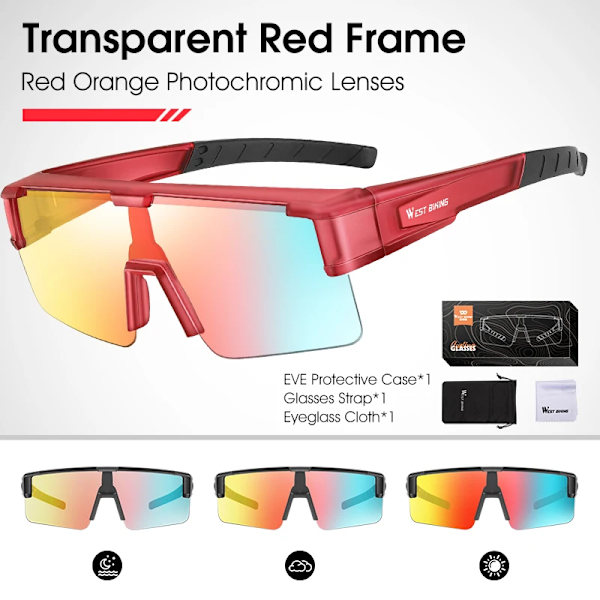 WEST BIKING Photochromic Myopic Fit Over Solglasögon Unisex Cykelglasögon Polariserade körglasögon UV400 Fiskecykelglasögon Red x Red Orange