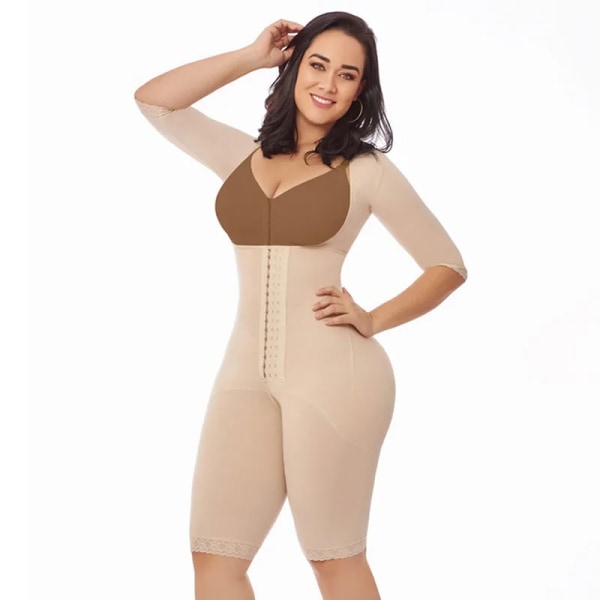 Postpartum Recovery Body med tre krokar medelstora ärmar Fajas Shapewear Kvinnor Kroppsformare Colombianas Korsettväst Beige XXXL