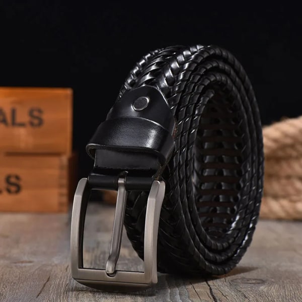 Flätat läderbälte för mäns bälten 4,0 cm bredd Lyxiga äkta läder ko-remmar Handstickat designerband läderbälte män Black 110cm