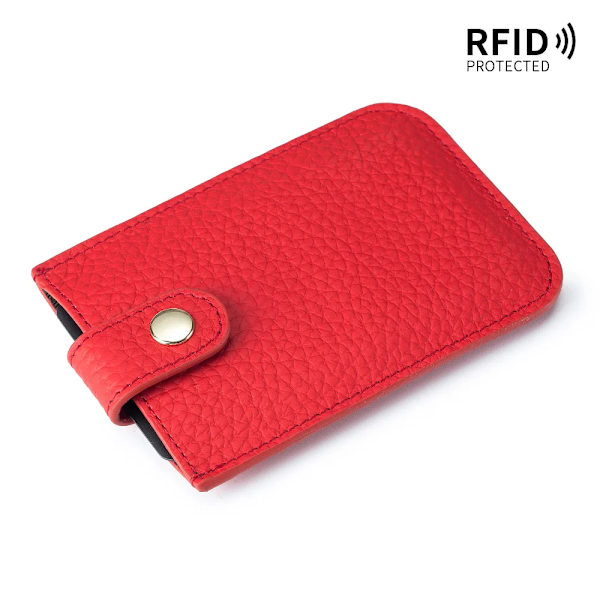 Smal korthållare i äkta läder Snabb åtkomst dragflik RFID-foder Mjuk kohud Män Kvinnor Bärbar cover. Chinese Red