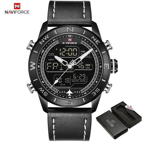 Lyxmärke Herr NAVIFORCE 9144 Army Military Watch Digital Läder Sport vattentäta Klockor Kvarts Herrklocka Relogio Masculino BWB BOX