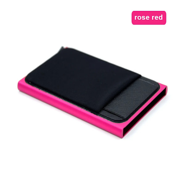 Smal kortplånbok i aluminium med elasticitet på baksidan ID Kreditkortshållare Mini RFID-plånbok Automatisk pop up case Rose Red