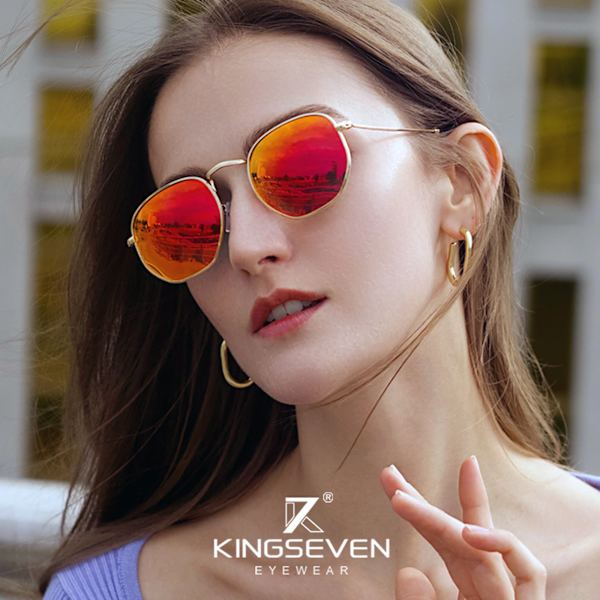 KINGSEVEN 2022 Klassiska reflekterande solglasögon Herr Hexagon Retro Solglasögon Rostfritt stål Glasögon Oculos Gafas De Sol Shades Silver mirror Original