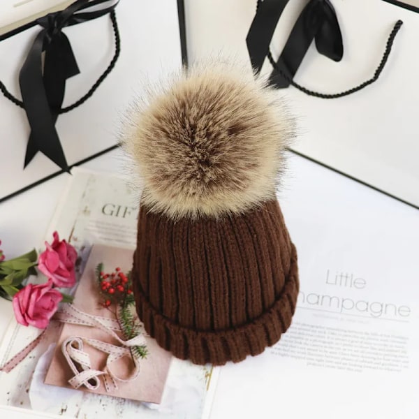 Ny Pom Pom-hatt - Trendig vinterhatt för flickor och kvinnor - Varma mössor av hög kvalitet Brown Kid