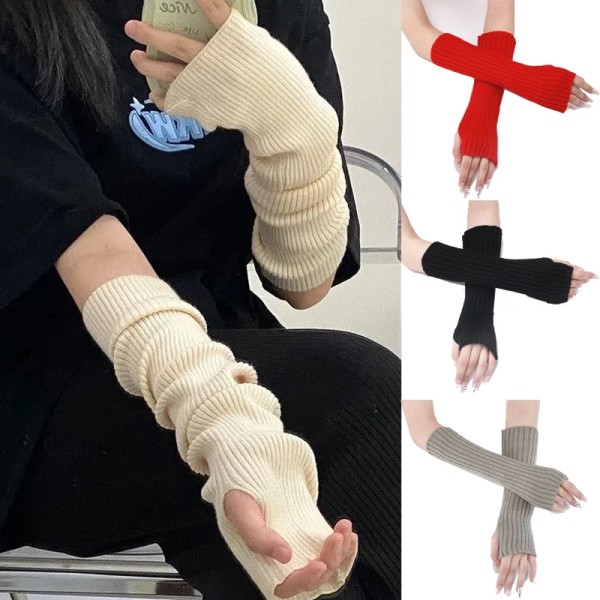 Långa Fingerless Handskar Damvante Vinter Armvärmare Stickad Arm ärm Fin Casual Mjuka Goth-kläder för flickor Punk Gothic Handske long - Off-white