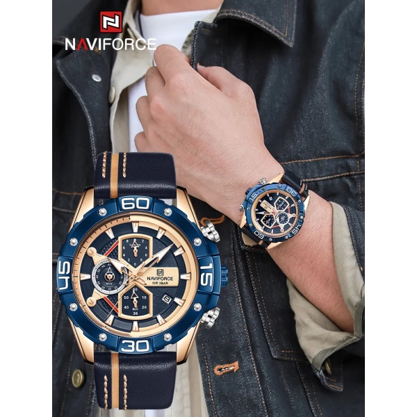 NAVIFORCE Sportklockor för män Lyxmärke Militär Vattentät Watch i äkta läder Man Klocka Kronograf Watch BBB