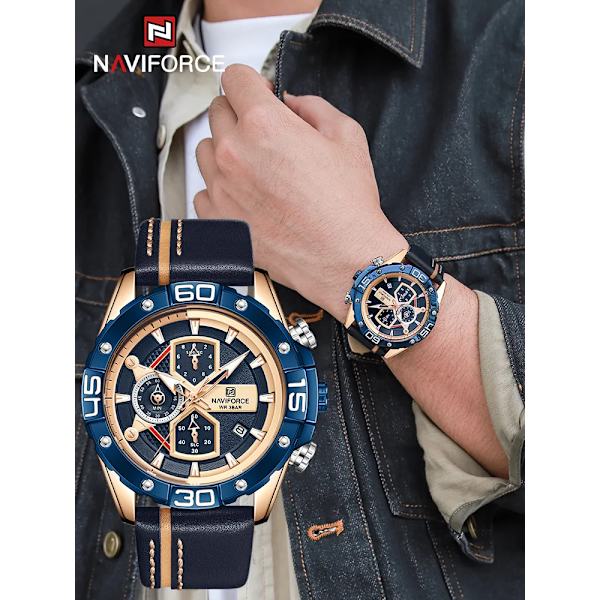 NAVIFORCE Sportklockor för män Lyxmärke Militär Vattentät Watch i äkta läder Man Klocka Kronograf Watch RGBB