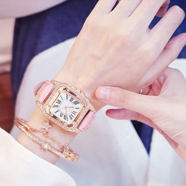 2st Set Dam Watch Starry Square Urtavla Armband Klockor Set Dam Läderband Quartz Armbandsur Kvinnlig klocka White