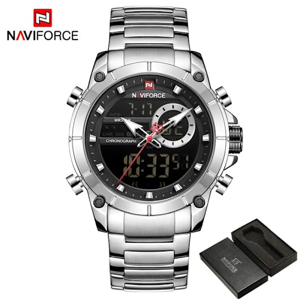 NAVIFORCE Top Brand Lyx Watch Herr Vattentät Quartz Digital Led Man Klocka Militär Sport Rostfritt stål Man Armbandsur 9163 NA916305 with box