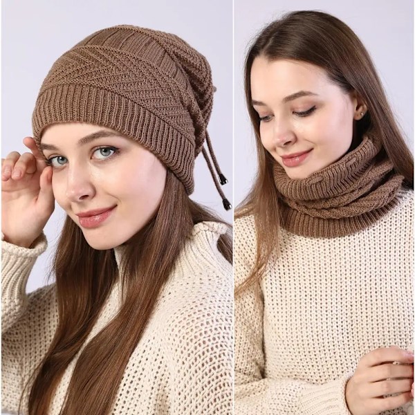 Mode Stretchig Stickad Skullies Beanies Hatt Solid Snood Halsduk Varm Beanie För Kvinnor Höst Vinter Kvinnlig Beanie Mössa coffee One Size