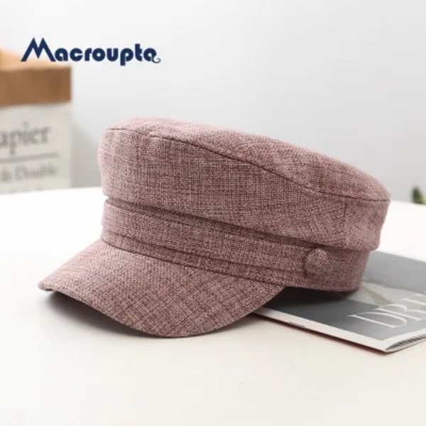 Kvinnors Hatt Platt Keps Militärkeps Vår Höst Linne Åttkantig Keps Enfärgad Platt Topp Militärhattar Ung Student Hatt Kvinna N316-Khaki 56-58cm