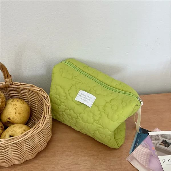 Liten stor blomma quiltduk sminkväska Kvinnor Kosmetisk organizer Kvinnlig Förvaring Handväska Box Form Case för flicka M  Green