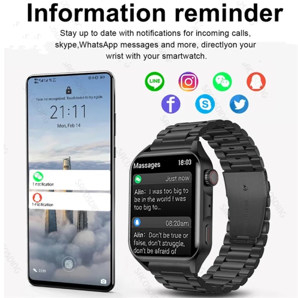 Ny NFC Smart Watch Herr AMOLED HD-skärm Visa alltid tiden Bluetooth Call IP68 Vattentät SmartWatch Dam För Huawei Leather Silver