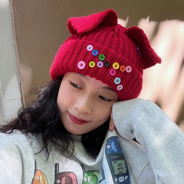 Söt Mode Huva Cap Loverboy Katteöra Stickad Hatt Dubbellager Varm Grisöra Hatt Nisch Design Hip-Hop Personlighet Kalla Hatt E82red Buttons M 56-58cm