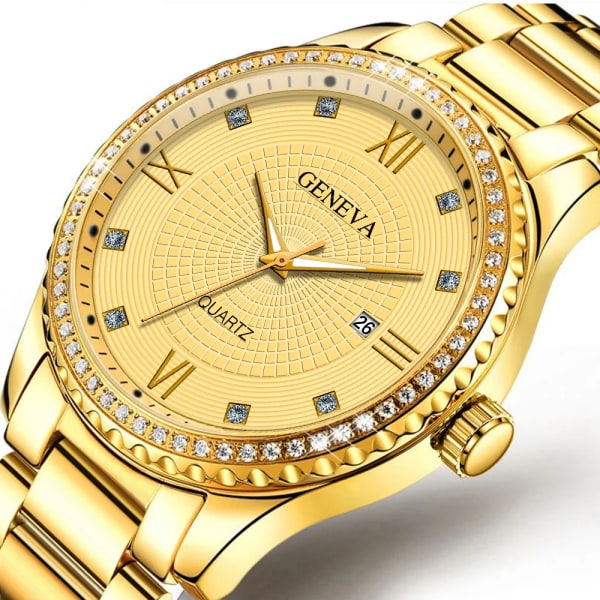 Watch Romansk diamantskala Mode Casual Vattentätt stålbälte Quartz Watch Date Herrklockor Relogio Masculino Gold