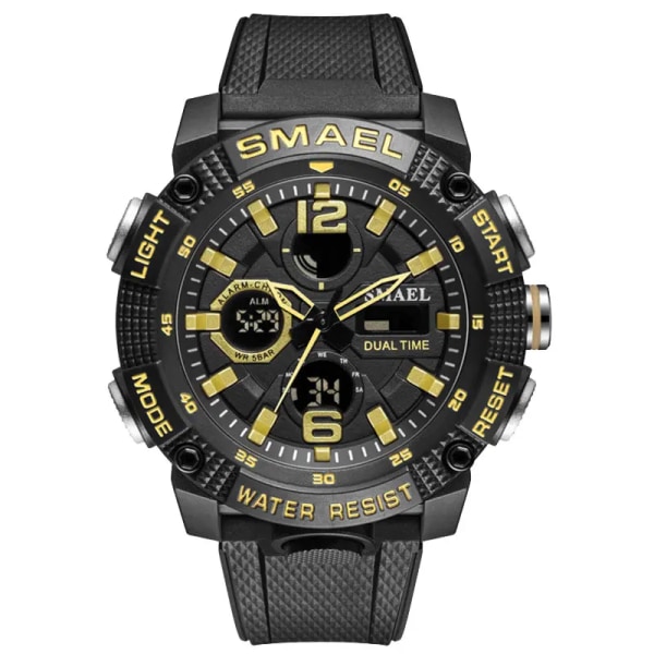SMAEL Dual Time LED Display Digital watch för män Vattentät Simning Quartz Sportklockor Auto Date Alarm Clock Armbandsur 8039 Black gold