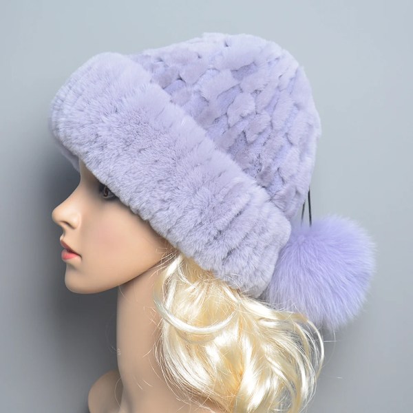 Europeiska Station Lyxiga Kvinnors RexRainbow Hattar Dam Vinter Varm Beanie Mössa Bucket Hat Med Pom Poms color 1 elasticity 52-60cm