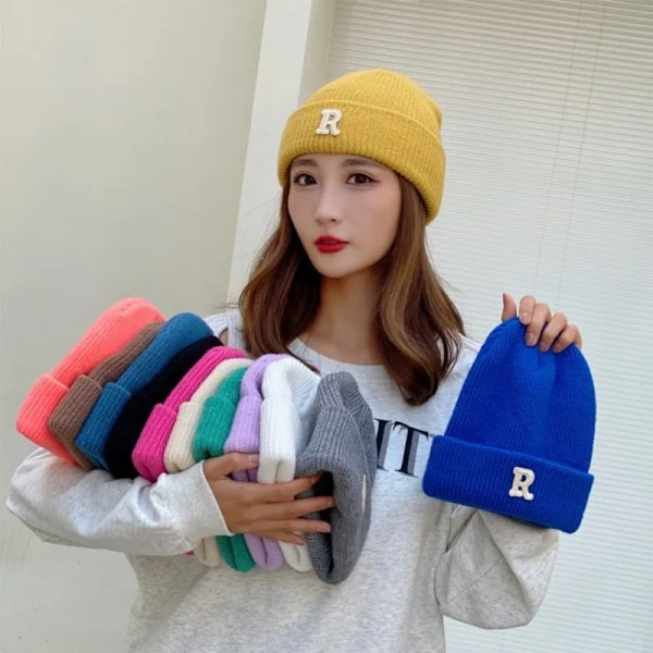 Ny R-bokstav Stickad Mössa för Kvinnor, Höst & Vinter, Trendig Casual Varm Koreansk Mössa beige