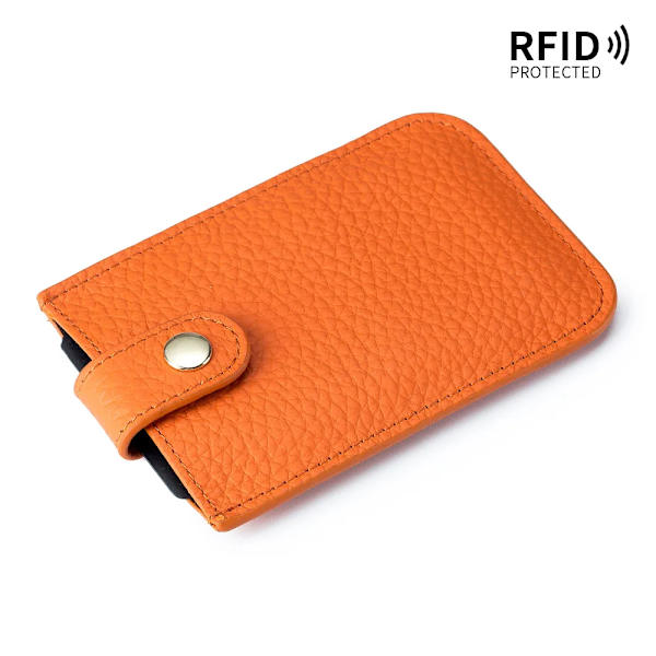 Smal korthållare i äkta läder Snabb åtkomst dragflik RFID-foder Mjuk kohud Män Kvinnor Bärbar cover. Orange