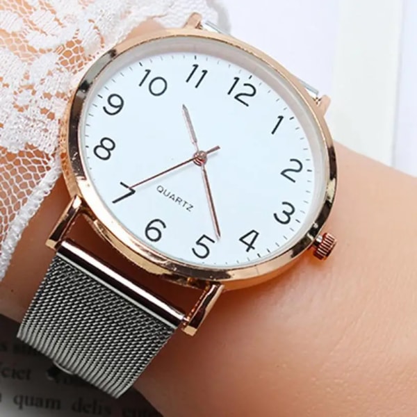 Mode Watch Quartz Steel Mesh Band Enkelt arabiskt nummer Studentklockor Damklocka Reloj Mujer Gold