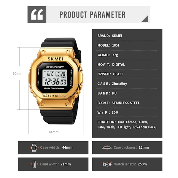 SKMEI Mode LED-ljus Digital Watch Herr 3Bar Vattentät Chrono Alarm Klockor Datum Vecka Klocka Watch reloj hombre 1851 silver