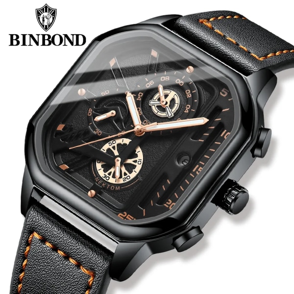 Square Chronograph 2023 Casual Fashion Watch för män Läderklocka Luxury Business Armbandsur Vattentät watch gold black