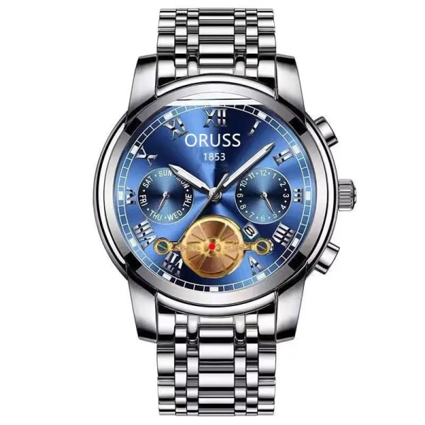 Automatisk rörelse Lysande Sport Vattentät Watch rund Pointer Glas Calendar Business Watch Herr gold strap blue