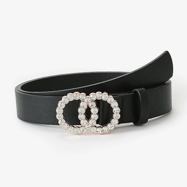 D&T 2021 New Fashion Bälte Dam Två Cirkel Diamant Dekorera Spänne PU Läder Material Bälte Kvinna Casual Style Elegant midja black 105CM