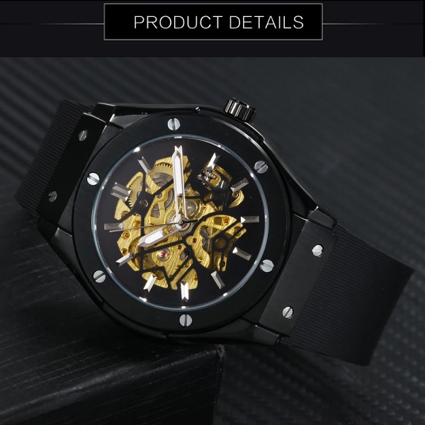 VINNARE Automatisk mekanisk watch för män Gummiband Skeletturtavla Manklocka Militärsportstil Armbandsur BOX SIL-BLK-SILVER