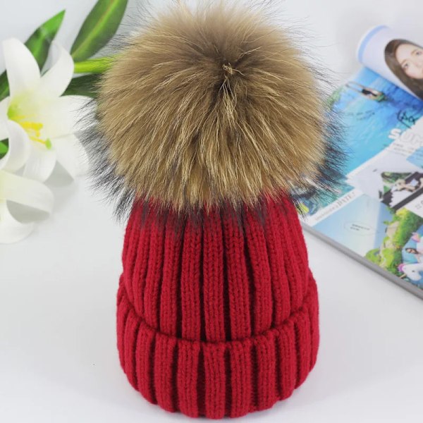 Vintermössa med Pompom i Mink och Ball Cap för Kvinnor och Flickor, Stickad Beanie, Helt Ny, Tjock Kvinnomössa, 50-54-60 cm Wine Red(.101) child 50-54CM