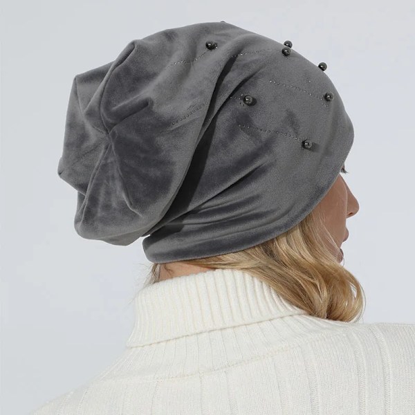 Mjuka Bomulls-Hattar för Höst & Vår - Dam & Flickor - Pärlor & Strass - Varma Skullies - Turban - Bonnet - Kvinnliga Hattar F Print2 Elasticity