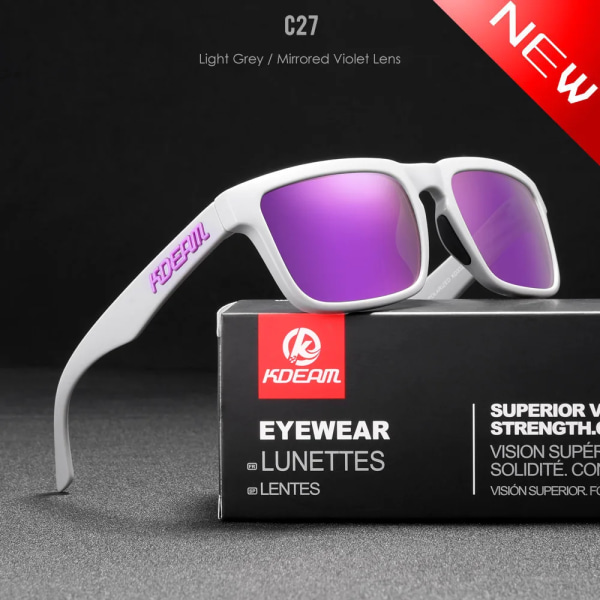 KDEAM Polariserade solglasögon för män Fiske Livsstilar Spegelfärgade solglasögon Kvinnor Legend Square Solglasögon med låda C27 Mirror Violet