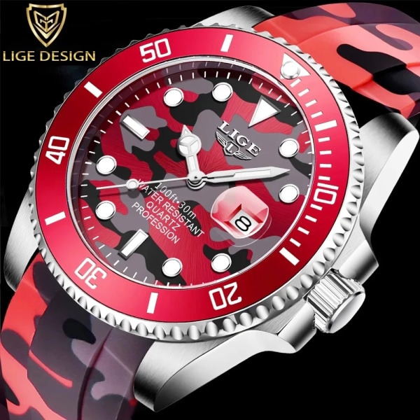 LIGE New Fashion Herrklockor Toppmärke Lyx Kamouflage Quartz Watch Man Sport Röd Watch för män Reloj Hombre Gold
