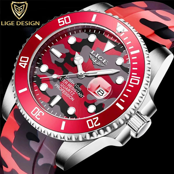 LIGE New Fashion Herrklockor Toppmärke Lyx Kamouflage Quartz Watch Man Sport Röd Watch för män Reloj Hombre Red