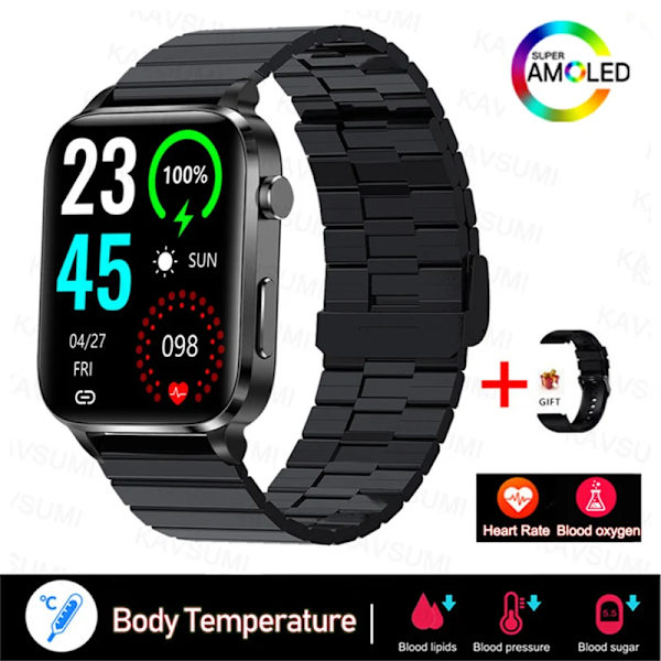 Smärtfri Icke-invasiv åtgärd Blodsocker Watch Män Laserbehandling Blodtryck Hälsa Kvinnor Glukometer Smartwatch Black steel B