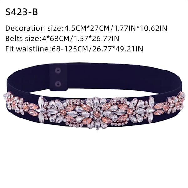 TOPQUEEN Damklänningar Elastiskt bälte Mode Glittrande Rhinestone Stretch midjeband Resefestdekoration Plus Size Anpassad S423-B 68cm