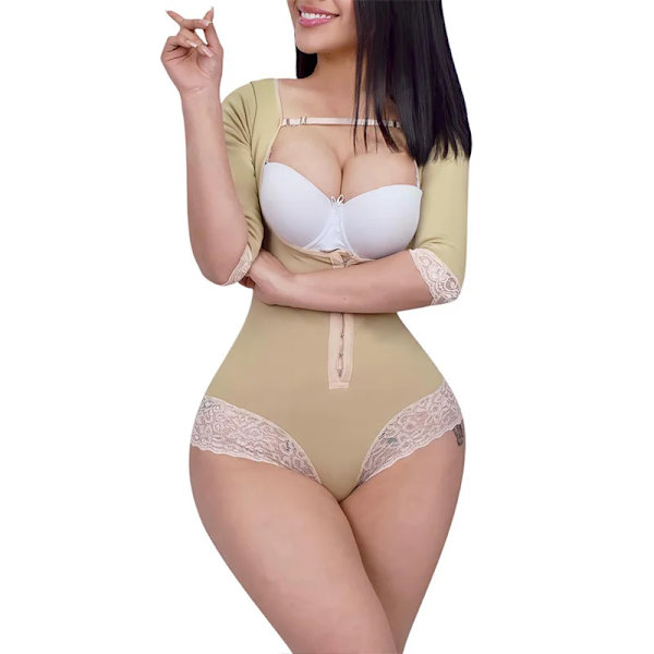 Fajas kompressionsplagg för kvinnor med långa ärmar remmar Krokstängning Shapewear Waist trainer Magkontroll Body Shaper Tan M