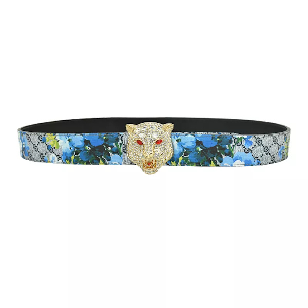 Western Rhinestone Leopard Guld Sliver Metall Spänne Tiger Print Ko Läder Män Bälte Jeans Causal Byxor Rem Flower  gold  tiger 115cm
