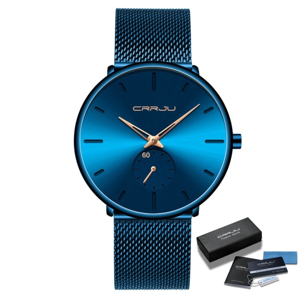 CRRJU Mode Blå Watch Topp Lyxmärke Minimalistisk Ultratunn Quartz Watch Casual Vattentät klocka Relogio Masculino Blue Rose BOX