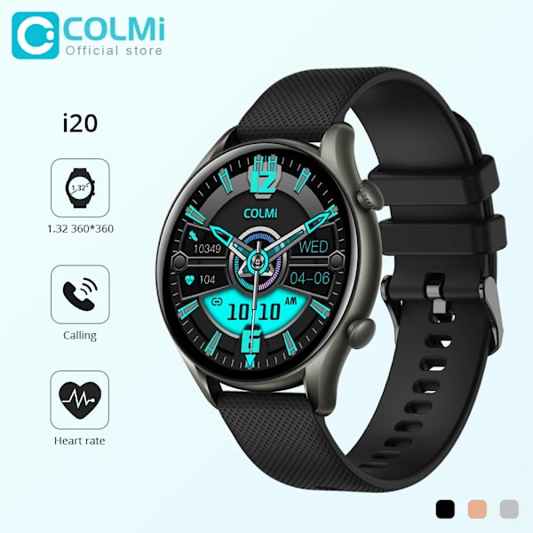 COLMI i20 Smart Watch Herr 1,32 tum 360*360 skärm Bluetooth Ring Puls Sömn Fitness Tracker Smartwatch Dam Black