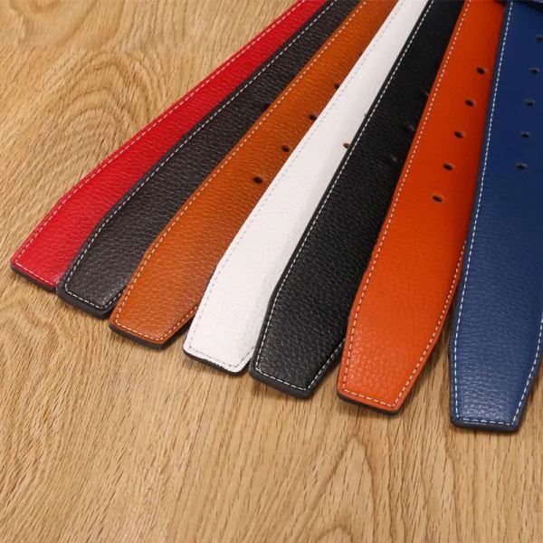 7 färger högkvalitativt läder män bälten manliga bälten utan spänne för kvinnor H spänne två sidor kvinnliga bältesremmar med hål 3.8cm Orange 115CM