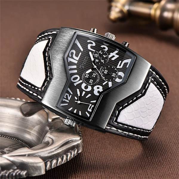 Oulm Classic Style Two Time Zone Herrklockor PU Läder Armbandsur Man Quartz Clock Casual Man Timmar relogio masculino black white