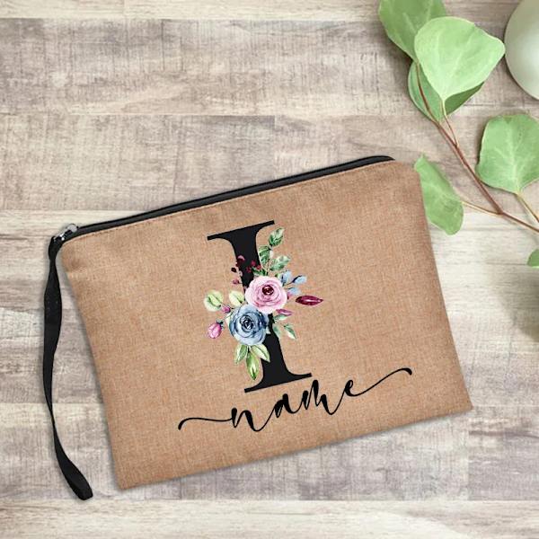 Personligt namn Kvinnor Sminkväska Alfabet Blommor Canvas Kosmetiska fodral Handväska Utomhusfest Bröllopspresenter Kawaii Makeup D4blackfI